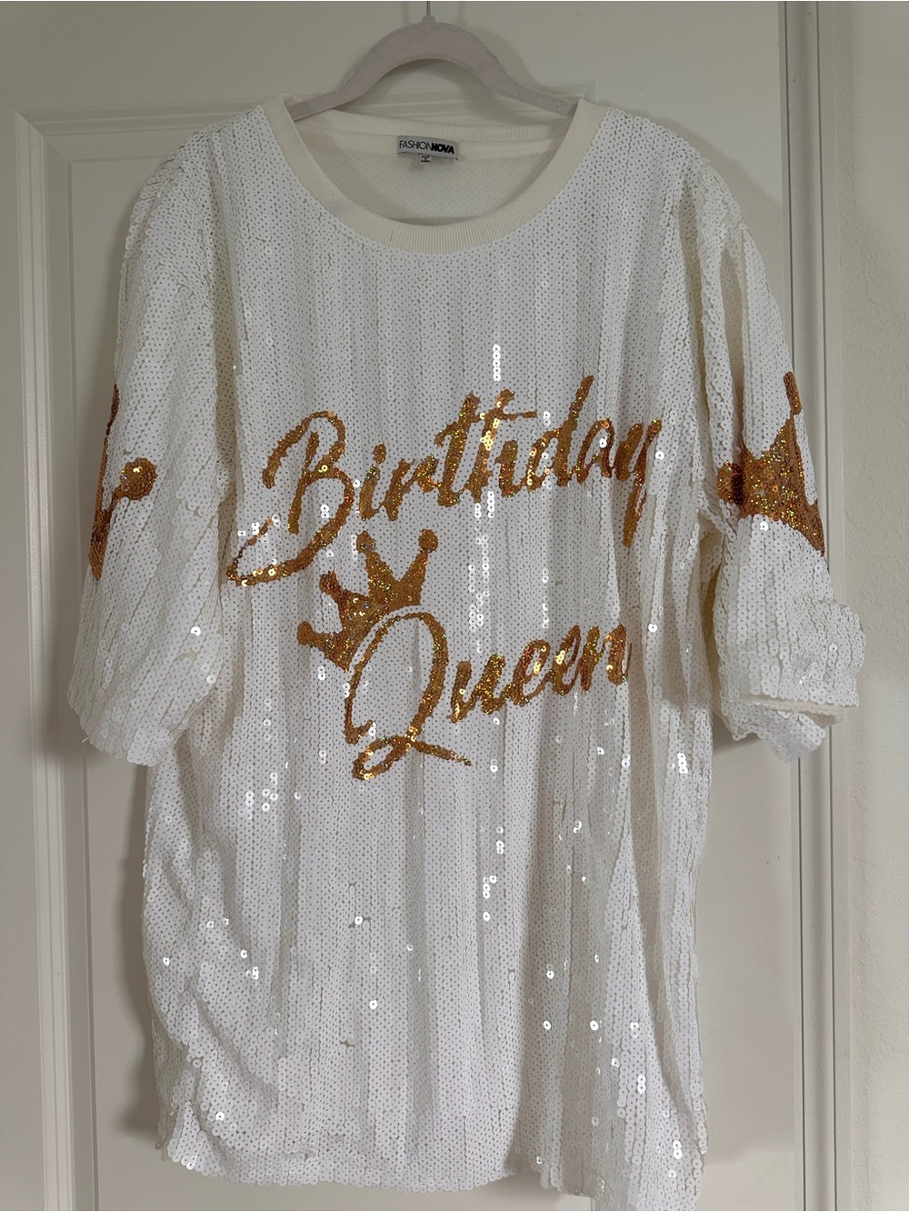 White "Birthday Queen" Sequin Party shirt dress